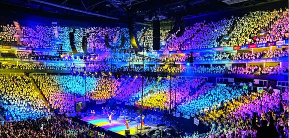 A rainbow photo of an arena